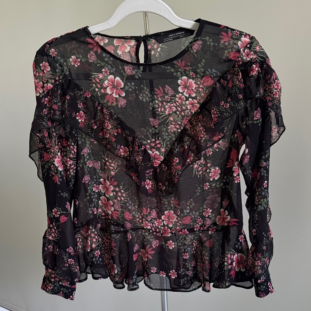 Zara Black Pink and Black Floral Sheer Blouse size small